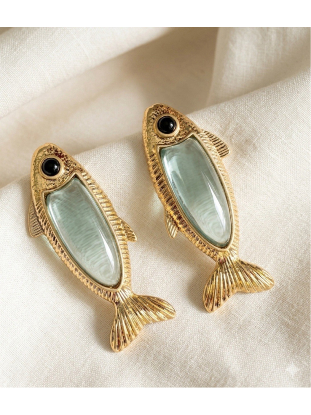 Zara Fish Earrings Gold Sardine Goldfish Lucite Blue Nautical Boho CZ Stud